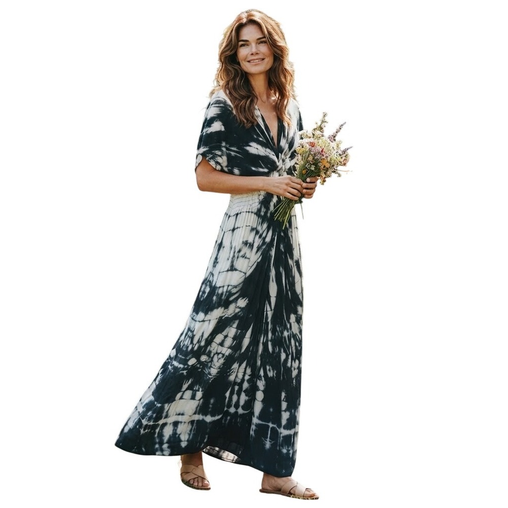 Handmade Women Maxi Dress OS Black White Tie Dye Smocked Waist Boho